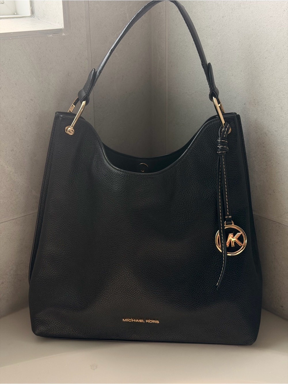 Michael Kors Black Pebbled Leather Shoulder Bag with Gold Hardware
